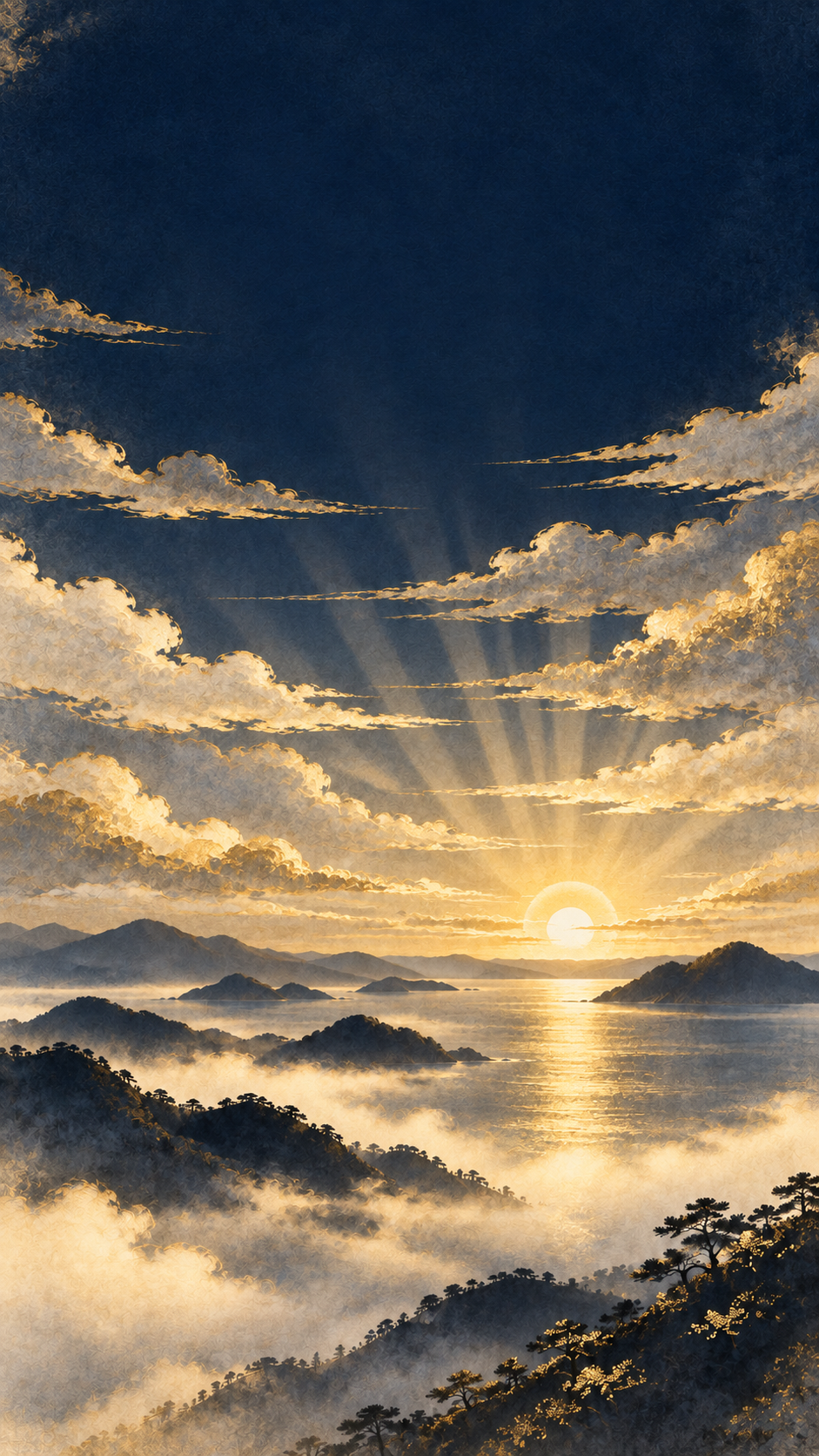 藍色の空に重なる八雲が金色に輝き、神聖な夜明けの光が差すお守り画像